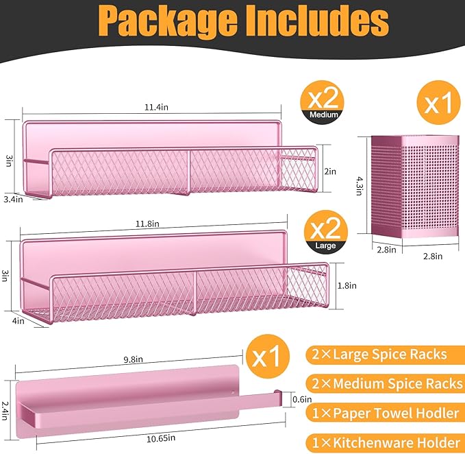 Magnetic Spice Rack for Refrigerator, 6 Pack Metal Magnetic Shelf Pink, Moveable Spice Organizer, Strong Magnetic Storage Fridge Organizer with Paper Towel Holder, Utensils Holder