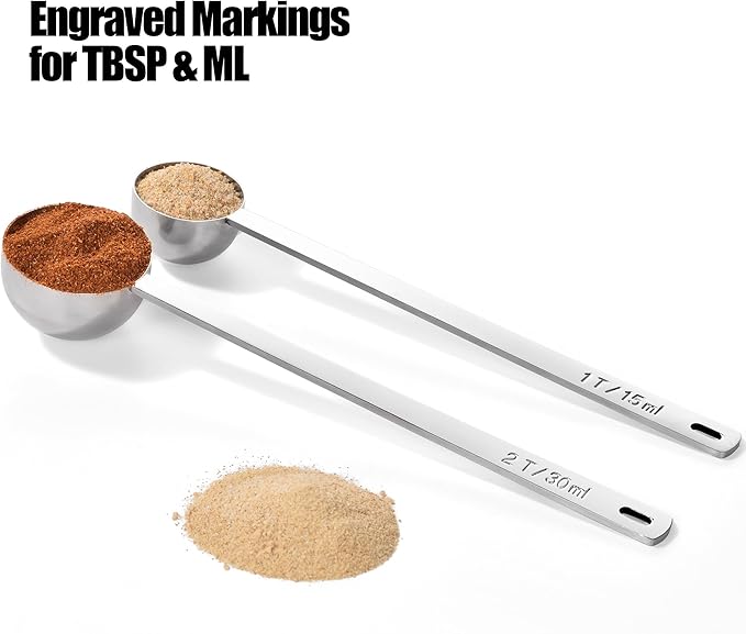 18/8 Stainless Steel Coffee Scoops, Doosu Food-Grade Metal Measuring Spoons with 6.9in Long Handle, Tablespoon Scooper for Coffee Beans, Ground Coffee, Espresso, Protein Powders, Tea (1 & 2 Tbsp)