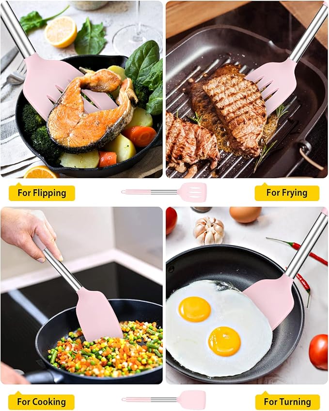 Pack of 2 Silicone Solid Turner, Non Stick Slotted Kitchen Spatulas, High Heat Resistant BPA Free Cooking Utensils, Ideal Cookware for Fish, Eggs, Pancakes(Pink)
