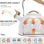 Tea Kettle, Vegoran 100 OZ / 3 Liter Whistling Tea Kettle, Tea Pots for Stove Top Food Grade Stainless Steel with Wood Pattern Folding Handle, Loud Whistle Kettle for Tea, Coffee, Milk (White)