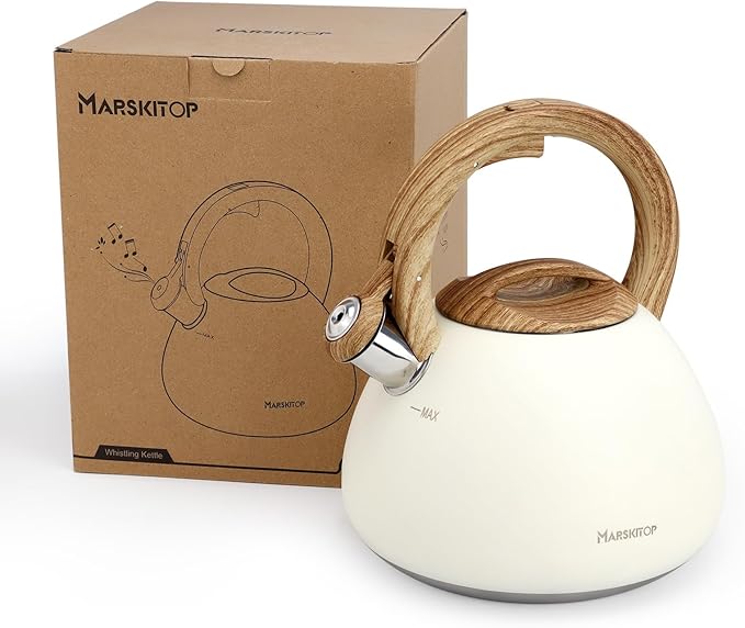 MARSKITOP Tea Kettle, 2.6 Quart Tea Pot for Stove, Food Grade Stainless Steel Whistling Teapot for Stovetop with Anti-Hot Handle, Suitable for All Heat Sources, Cream White