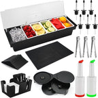 Bartending Supplies - 18" x 12" Bar Mat Garnish Tray with Lid Bar Caddy 3 Tier Bar Glass Rimmer, 2 Plastic Juice Pour Bottles 3 Mini Tongs 12 Classic Liquor Bottle Pourers 500 Cocktail Straws(Black)