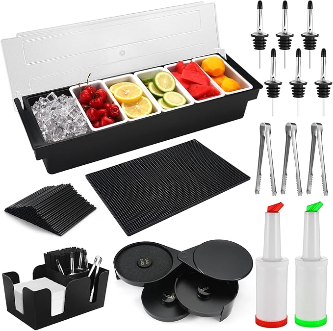 Bartending Supplies - 18" x 12" Bar Mat Garnish Tray with Lid Bar Caddy 3 Tier Bar Glass Rimmer, 2 Plastic Juice Pour Bottles 3 Mini Tongs 12 Classic Liquor Bottle Pourers 500 Cocktail Straws(Black)