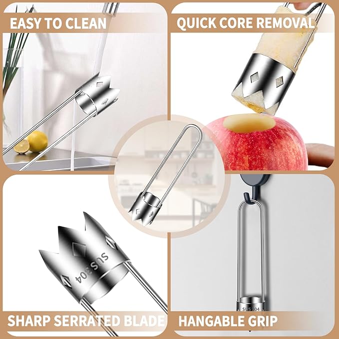 Pepper Corer, Stainless Steel Apple Core Remover Tool, Pepper Seed Core Remover, Multifunctional Apple Corer Tool for Vegetable Fruit Practical Kitchen Gadget (2 Pcs)