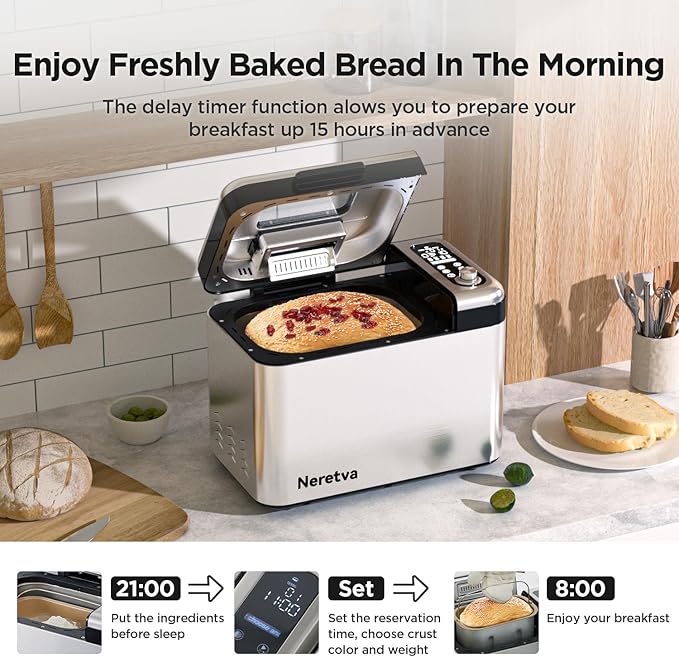 Neretva Bread Maker, 3.3LB Larger Bread Machine 15-in-1 Stainless Steel & Nonstick Ceramic Pan & Auto Nut Dispenser Breadmaker Machines Full Touch Panel with Gluten Free White Wheat Rye French Pizza