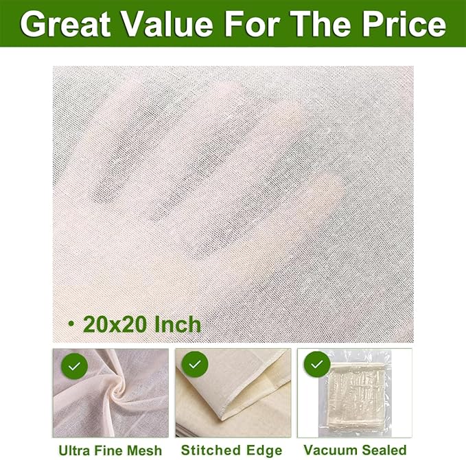10 Pcs Cheese Cloths for Straining, 20x20 Inch Grade 100 Precut Cheese Cloth With Fabric Fine Mesh Cloth, 100% Unbleached Cotton, Reusable Muslin Cheesecloth for Straining, Juicing, Cooking Turkey