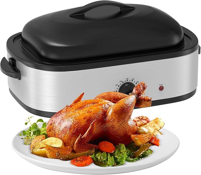 14 Quart Roaster Oven with Self-Basting Lid, Turkey Defrost & Warm Function, Turkey Roasting Pan with Removable Roasting Rack, Adjustable Temperature for Use as a Slow Cooker, Stainless Steel, Silver