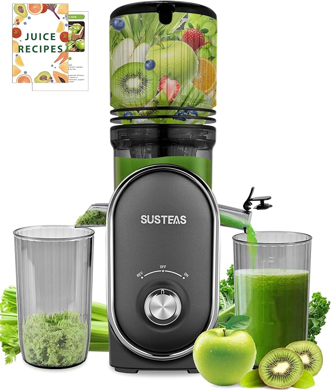 SUSTEAS Cold Press Juicer Machines, 5.3" Feed Chute(50oz Capacity), 300W Slow Masticating Juice Extractor for Whole Fruits and Vegetables, Automatic Feed, High Juice Yield,Easy to Clean, Silver gray