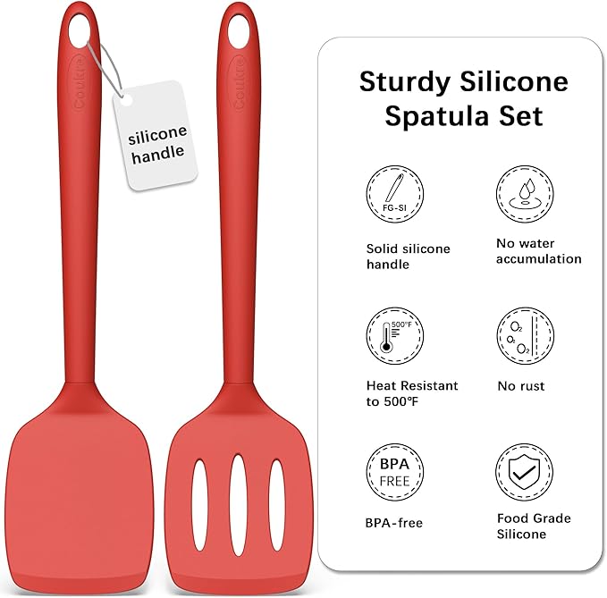Coukre 2 Pack Silicone Spatula Set, High Heat Resistant, BPA Free Kitchen Spatula, Solid & Slotted Turner for Non-Stick Pans, Sautéing, and Flipping (2, PureRed)