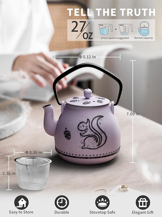 Toptier Teapot with Removable Infuser, Cast Iron Tea Kettle Stovetop Safe, Squirrel Design Tea Pot Coated with Enameled Interior for 32 Ounce (950 ml), Purple
