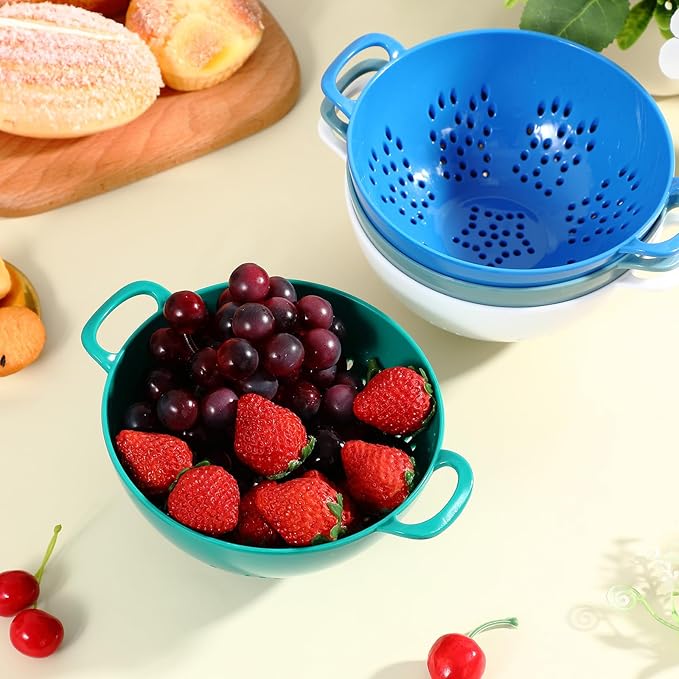 Baderke 4 Pack Mini Colander for Kitchen Plastic Berry Strainer with Double Handles 7.5 x 6 x 3 Inch Small Colander Strainer for Fruits Vegetables Food(Light Blue, Army Green, White, Blue)