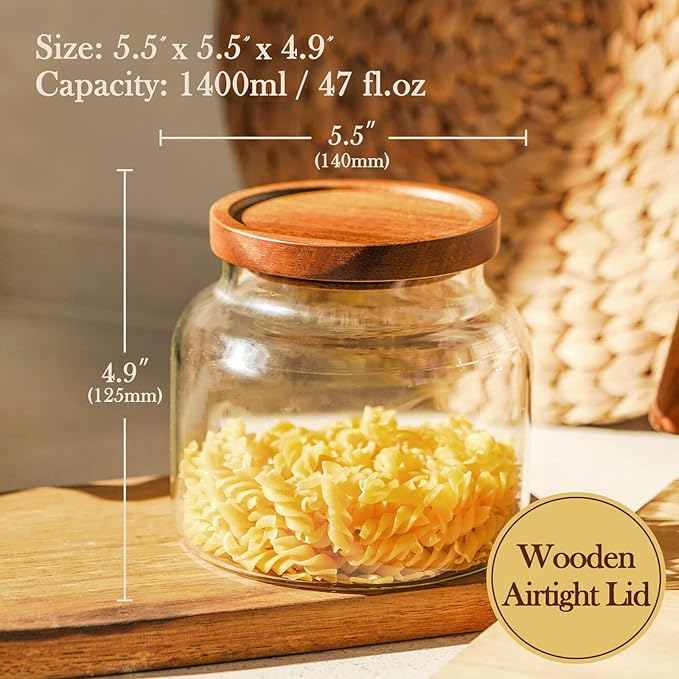Labina Glass Storage Container Airtight Food Jars Kitchen Canister with Wood Lids, 47 Oz Wide Mouth Pantry Organization Glass Jar for Flour, Sugar, Cookie, Spagetti, Nuts and Candy