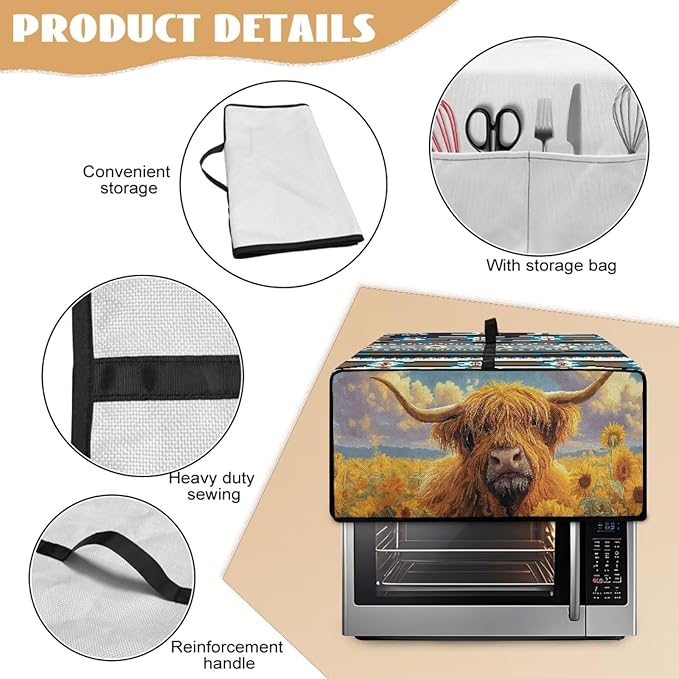 Highland Cattle Sunflower Print Toaster Cover Air Fryer Dust Cover Anti Fingerprint Aztec Toaster Oven Cover Washable Kitchen Small Appliance Covers (Large-18.5 * 22.5 * 12.99 inches)