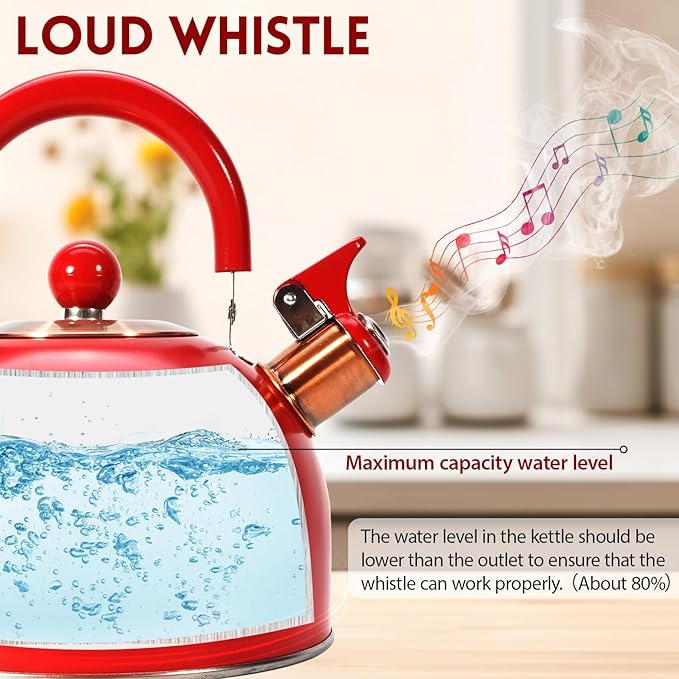 Tea Kettle,Whistling Tea Kettle Stovetop 2.6 Quart, Tea Pots for Stove Top Food Grade Stainless Steel,Wood Pattern Handle,Christmas Gift(Red),With Anti Scald Towel