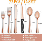 72 Pcs Rose Gold Silverware Set with Steak Knives Service for 12,Stainless Steel Flatware Set,Mirror Polished Cutlery Utensil Set, Kitchen Eating Tableware,Include Fork Knife Spoon Set,Dishwasher Safe