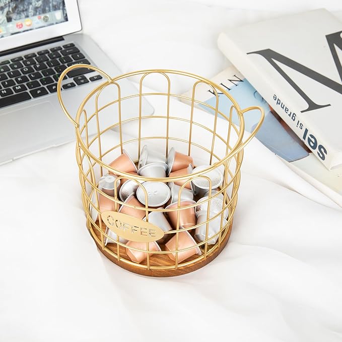 Coffee Pod Holder, Large Capacity K Cup Holder Organizer,Big Metal Kcup Capsule Storage Basket with Wooden Base, Coffee Bar Decor Station Accessories for Kitchen Counter Office Desktop (Gold)