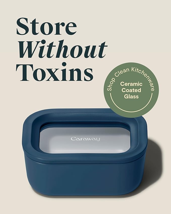 Caraway Mini Rectangle Food Storage Container - 2.6 Cup Glass Storage Container for Food - Non-Toxic Ceramic-Coated Glass - Air Release Technology - Compact & Stackable Design - Navy