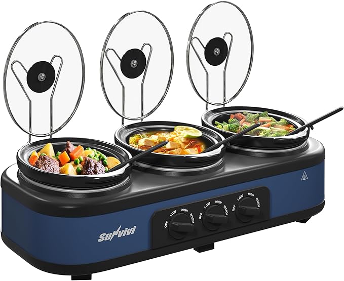 Triple Slow Cooker, Buffet Food Warmer with 3 x 1.5 QT Removable Ceramic Pots, Buffet Servers and Warmers with Glass Lids and 3 Spoons, Stainless Steel, Blue