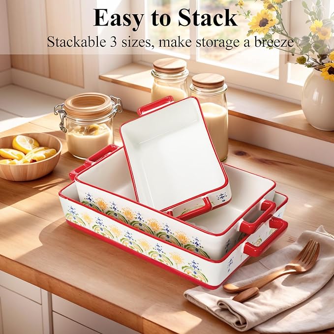 WRINGKIT Set of 3 Ceramic Baking Dishes, Rectangular Casserole Dish for Oven, Ceramic Bakeware Lasagna Pan Deep with Handles for Cooking, Baking, Wedding Gift, 3 Sizes (12''/10.7''/7.7''), Red