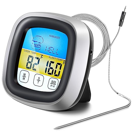 Meat Thermometer, Digital Oven Thermometer with Long Probe, Large LCD Touchscreen, Kitchen Timer, Instant Read Grill Thermometer for Oven BBQ Candy Steak Cooking Baking Grilling