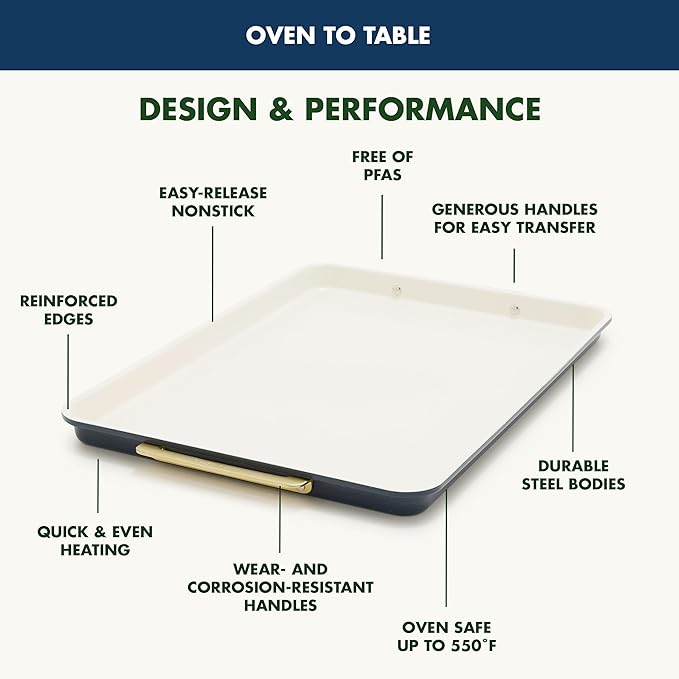 GreenPan Bakeware Set, 7 Piece Nonstick Ceramic Gold Handle Baking Sheets, Cake Pans, Loaf Pan, Muffin Tin, Cooling Rack, PFAS & BPA Free, Freezer to Oven Dish, Bake & Roast Ovenware, Oxford Blue