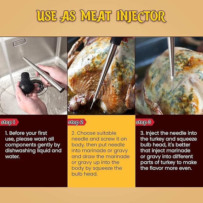 Turkey Baster, Stainless Steel Baster for Cooking with Marinade Injectors Syringe, Basting Brush, Thick Cleaning Brush & Thin Cleaning Brush