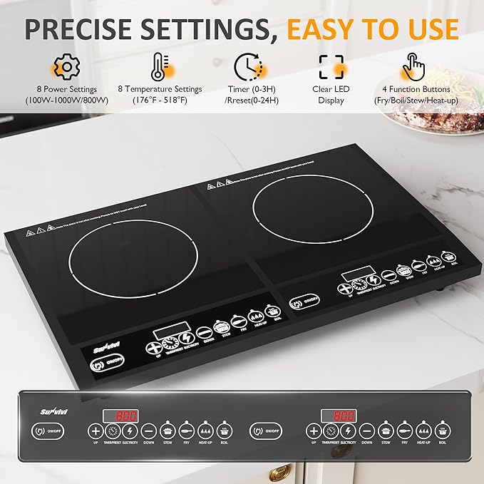 Sunvivi Portable Induction Cooktop: 2 Burners in 1, Commercial-Grade Electric Countertop Stove with LED Touchscreen, 8 Power Levels & Precise Temp Control (176°F-518°F), Independent Timer, Black
