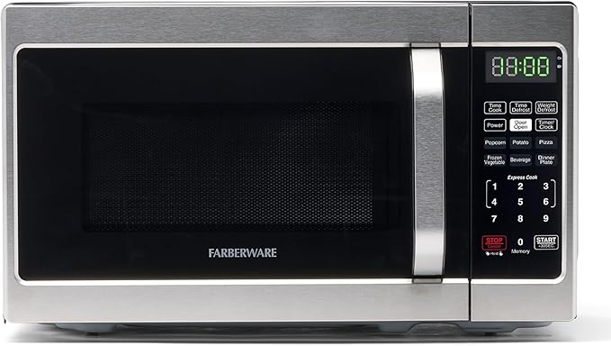 Farberware 0.7 Cu. Ft. Countertop Microwave Oven – 700 Watts Power, Auto Cook Settings, Defrost, Easy Clean and Child Safety Lock - Stainless