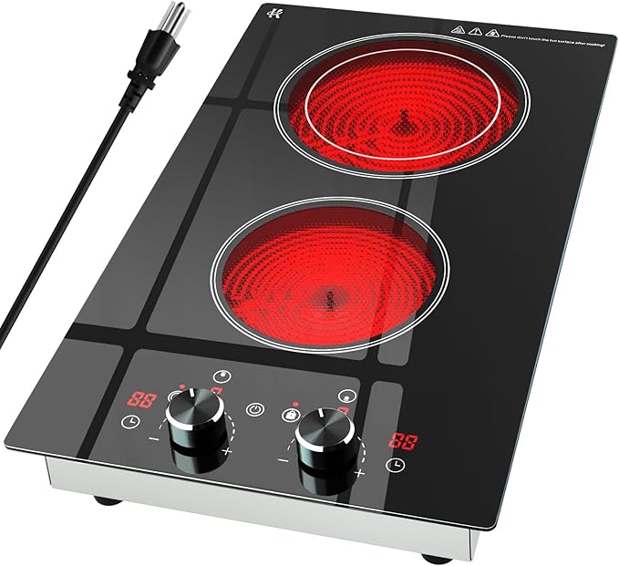 2 Burner Electric Cooktop 120V, 1800W Radiant Electric Stove Top with Countertop & Built-in Design, 12 inch Knob Control Ceramic Cooktop with Safety Lock, 9 Level Power, 99 Min Timer - Plug in
