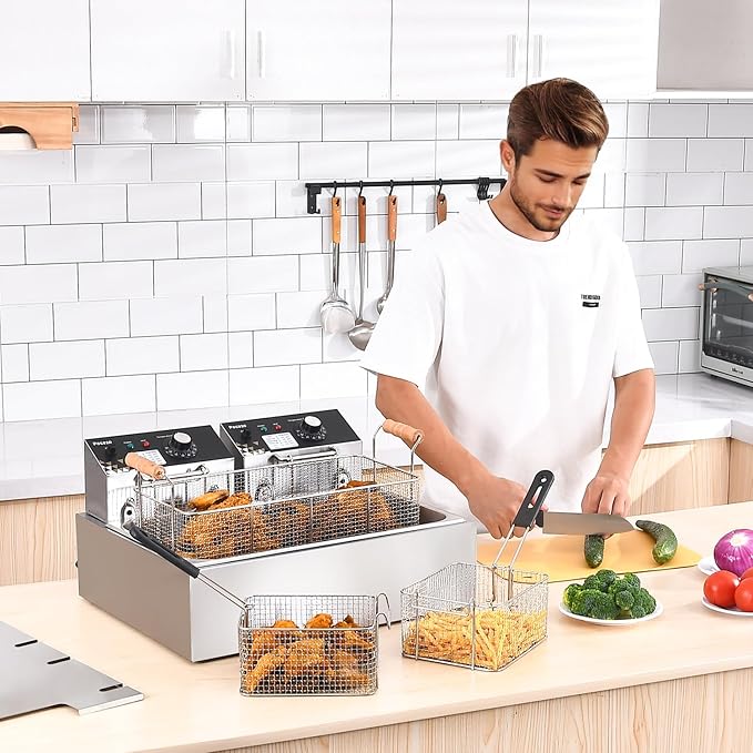 Deep Fryer with Basket, 22.6L/24QT Stainless Steel Countertop Electric Fryer for Home and Commercial Use, Oil Fryer with Temperature Control and Double Overheat Protection