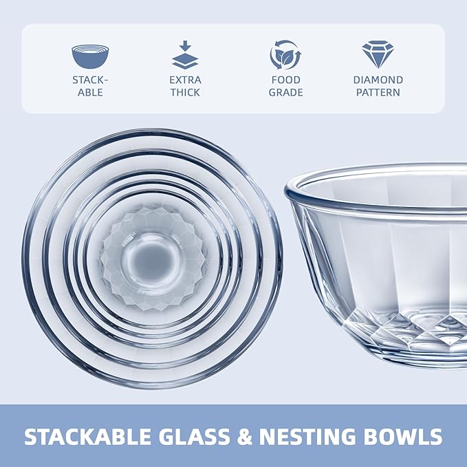 WhiteRhino Glass Mixing Bowls with Lids Set of 5（4.70QT,2.85QT, 1.69QT,1.11QT,0.85QT,Glass Bowls with Lids,Large Salad Bowls Space-Saving Nesting for Cooking,Baking,Prepping,Dishwasher Safe