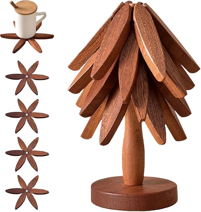 Wooden Trivets for Hot Dishes, Tree Shape Trivet Set, 4 Walnut Wood + 1 Stand stored Like a Christmas Tree,Foldable Kitchen Wooden Trivet,for Hot Dishes、Pot、Bowl、Teapot、Hot Pot Holder(Walnut Wood)