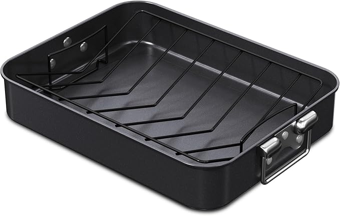 CHEFMADE Turkey Roasting Pan with V Rack, 16 Inch Deep Roasting Pan, Deep Lasagna Pan for BBQ Vegetbale and Meat 16" x 12.8" x 3" (Black)