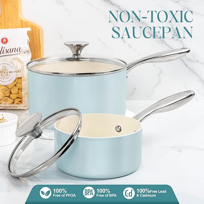 MICHELANGELO 3 Quart Saucepan with Lid - Non Toxic Sauce Pan with Nonstick Ceramic Coating, Scratch-Resistant, Induction Saucepan Suitable for All Stovetops, Light Blue