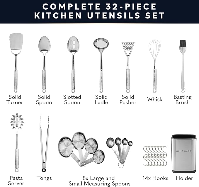 Home Hero 32-Piece Stainless Steel Kitchen Utensil Set - Heat-Resistant Nonstick Silicone Tools - Durable Stainless Steel Cooking Tools - Measuring Cups & Spoons with Holder - 32 Pc, Silver