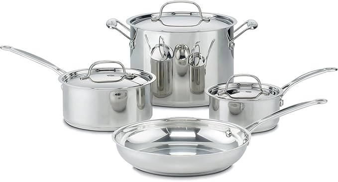 Cuisinart 7-Piece Stainless Steel Pots and Pans Set, Cookware Set Compatible with Induction, Electric, Gas Cooktops, Aluminum Core for Quick Even Heat, Cool Grip Handles, Dishwasher Safe, Oven Safe