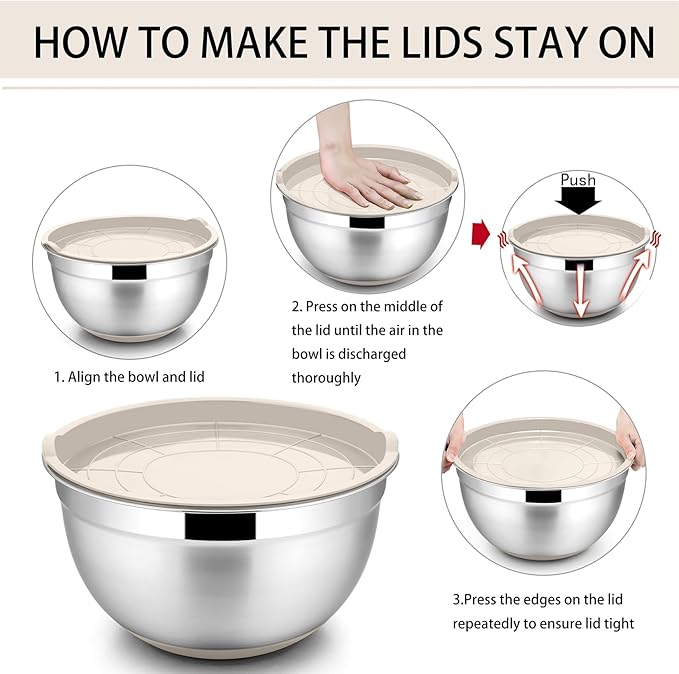 P&P CHEF Mixing Bowls With Lids, Set of 6, Stainless Steel Nesting Mixing Bowls & Fitting Lids & Non-Slip Silicone Bottom, Ideal for Mixing, Storing, Size 0.7/1/1.5/2.5/3/4.6 Qt, Khaki