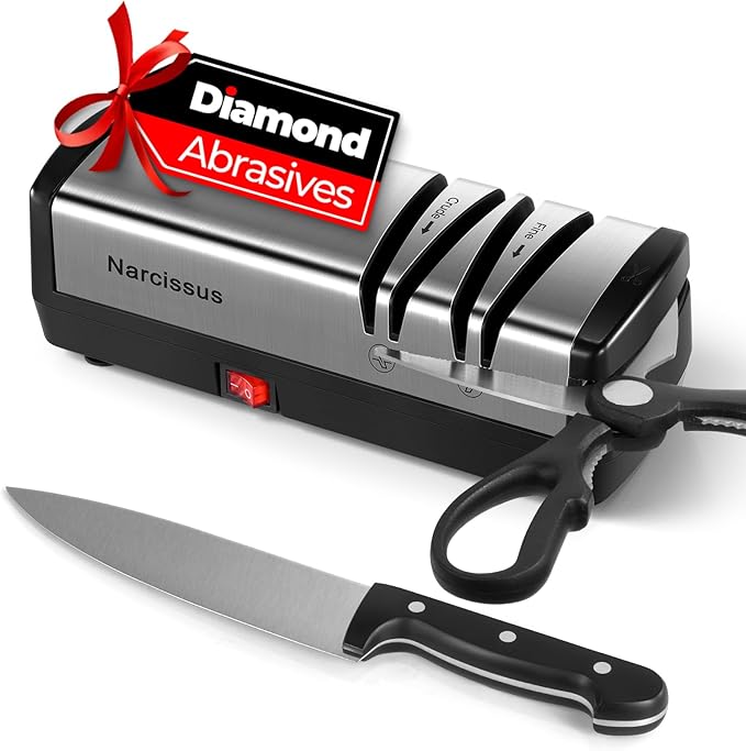 Narcissus Knife Sharpener, Diamond Abrasives Electric Knife Sharpener for Stainless Steel and Ceramic Knives, with Scissors Sharpener & Metal Dust Collection Box, Quick Sharpening & Polishing, Silver