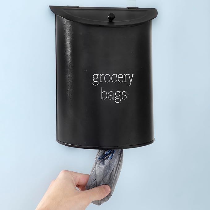 AuldHome Design Enamelware Grocery Bag Holder (Black); Wall-Mounted Modern Farmhouse Style Plastic Bag Dispenser for Kitchen or Laundry Room