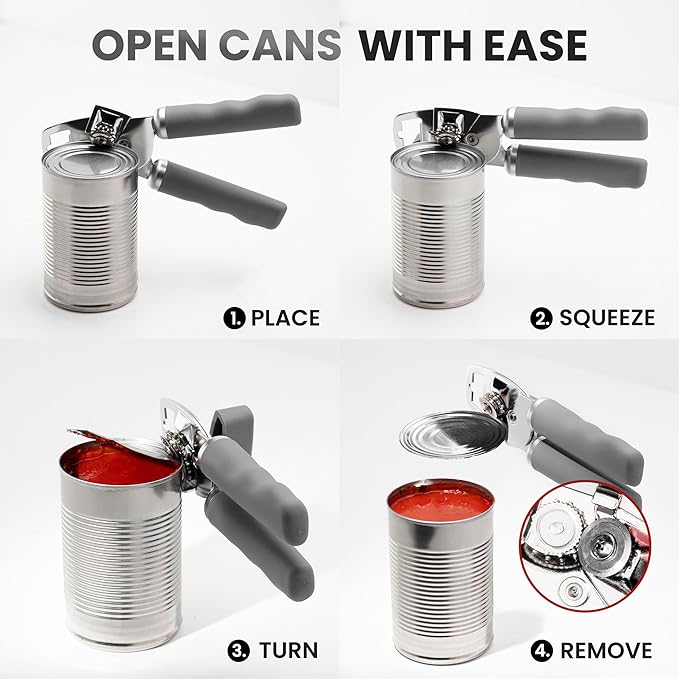 Zulay Kitchen Heavy Duty Stainless Steel Can Opener Manual with Bottle Opener - Rust Proof Manual Can Opener With Turn Knob & Comfy Soft Grip Handles - Light Gray