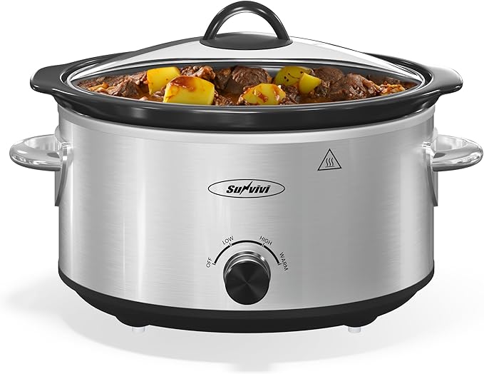 4QT Slow Cooker & Mini Food Warmer with Removable Ceramic Pot, 3 Heating Settings, Dishwasher Safe Glass Lid, Stainless Steel,Sliver