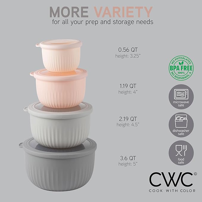 COOK WITH COLOR Prep Bowls with Lids- Wide and Deep Nesting Plastic Small Mixing Bowl Set with Lids, 8 Piece Set - Deep Bowls, Grey/Pink