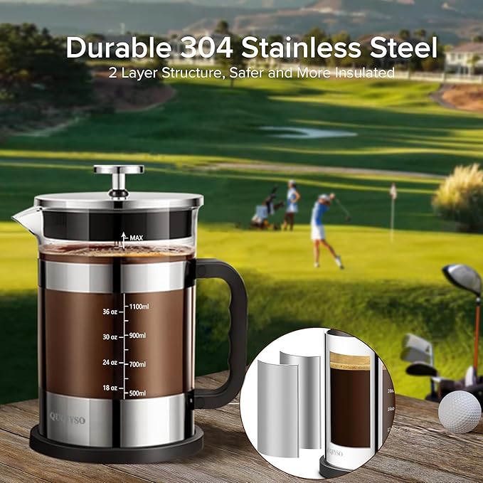 QUQIYSO French Press Coffee Maker 51oz 304 Stainless Steel French Press with 4 Filter, Heat Resistant Durable, Easy to Clean, Borosilicate Glass Coffee Press, Sliver