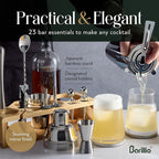 Barillio Bartender Kit - Stainless-Steel Cocktail Shaker Set w/Bamboo Stand - Mixology Bar Tools w/Drink Shaker, Mixer Spoon & Muddler for Cocktails - Home Bar Accessories - 23-Pc Bar Set - Silver