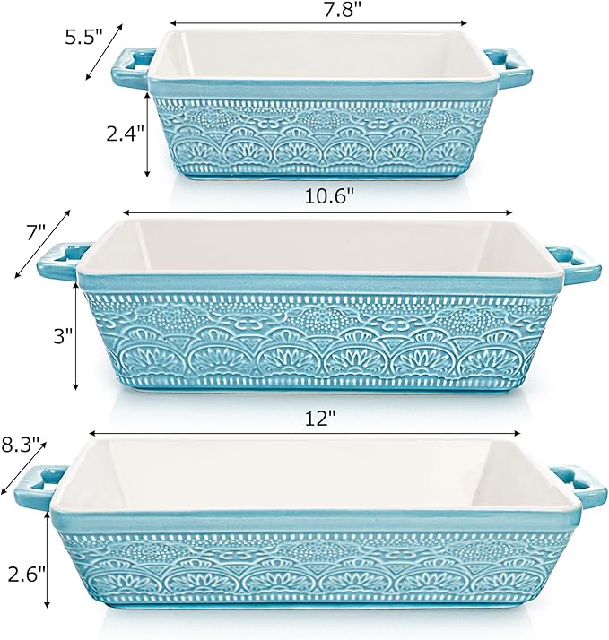 Hacaroa Set of 3 Ceramic Baking Dishes, Rectangular Bakeware with Handles, Elegant Casserole Dish Set Lasagna Pan for Baking, Cooking, Cake Dinner, Banquet, Lake Blue, 3 Sizes