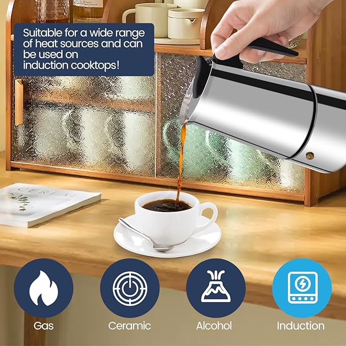 2 Cup Moka Pot Stainless Steel 100ml Italian Espresso Coffee Maker Stovetop Coffee Makers Mocha Pot Percolator Greca Coffee Maker for Induction Stove Portable for Easy Brewing Straight