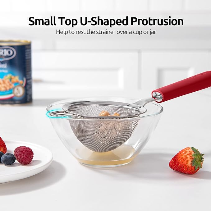 18/8 Stainless Steel Mesh Strainer: U-Taste 3.9 Inch Kitchen Fine Mesh Sieve Food Colander with Riveted Sturdy Silicone Handle and 30 Mesh Hole for Straining Flour, Quinoa, Tea, Juice (Red)