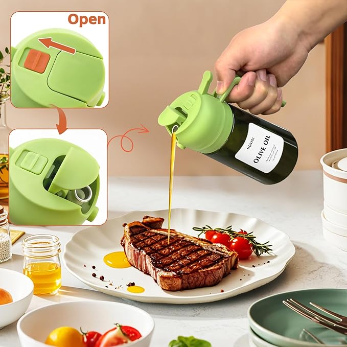 mqnxoi 2 in 1 Glass Oil Sprayer & Dispenser,16oz/470ml Olive Cooking, Air Fryer, and Salad, for Kitchen Gadgets and Air Fryer Accessories, w/Stickers (Black + Dark Green Bottle 2)