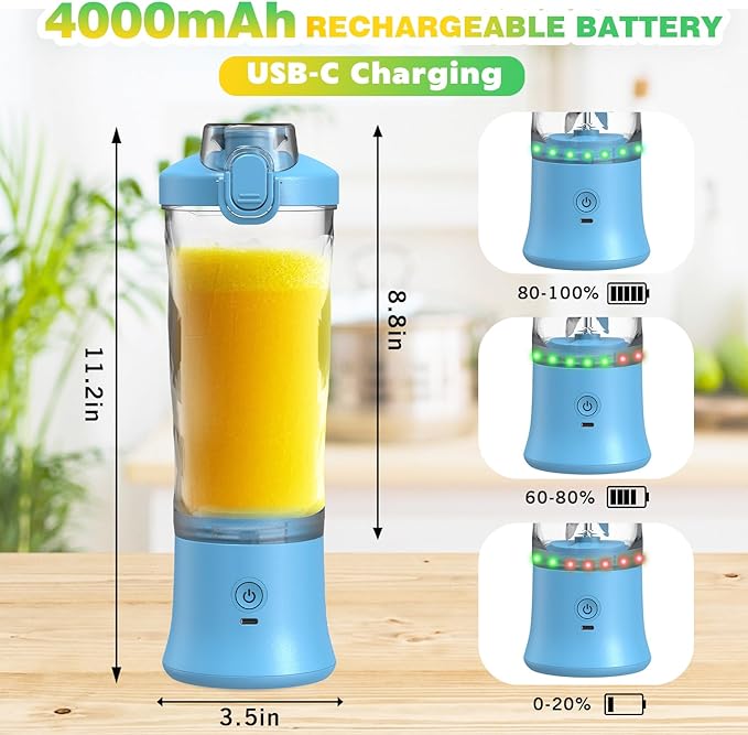 Portable Blender Personal Juicer for Shakes and Smoothies - 20 OZ Electric Protein Shaker Bottle with Insulated Sleeve, Travel Lid, USB-C Rechargeable - Mini Small Blender Cup for Kitchen, Office, Gym