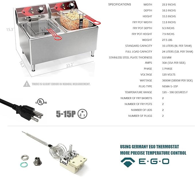 EGGKITPO Deep fryers Commercial Deep Fryer 12L x 2 Large Dual Tank Electric Countertop Fryer for Restaurant with 2 Frying Baskets and Lids, 1800W x 2, 120V